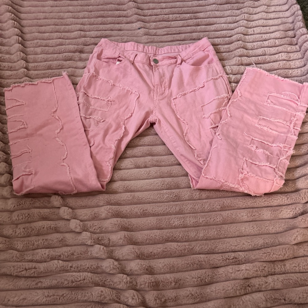 Amazon Pink Wide Leg Distressed Jeans